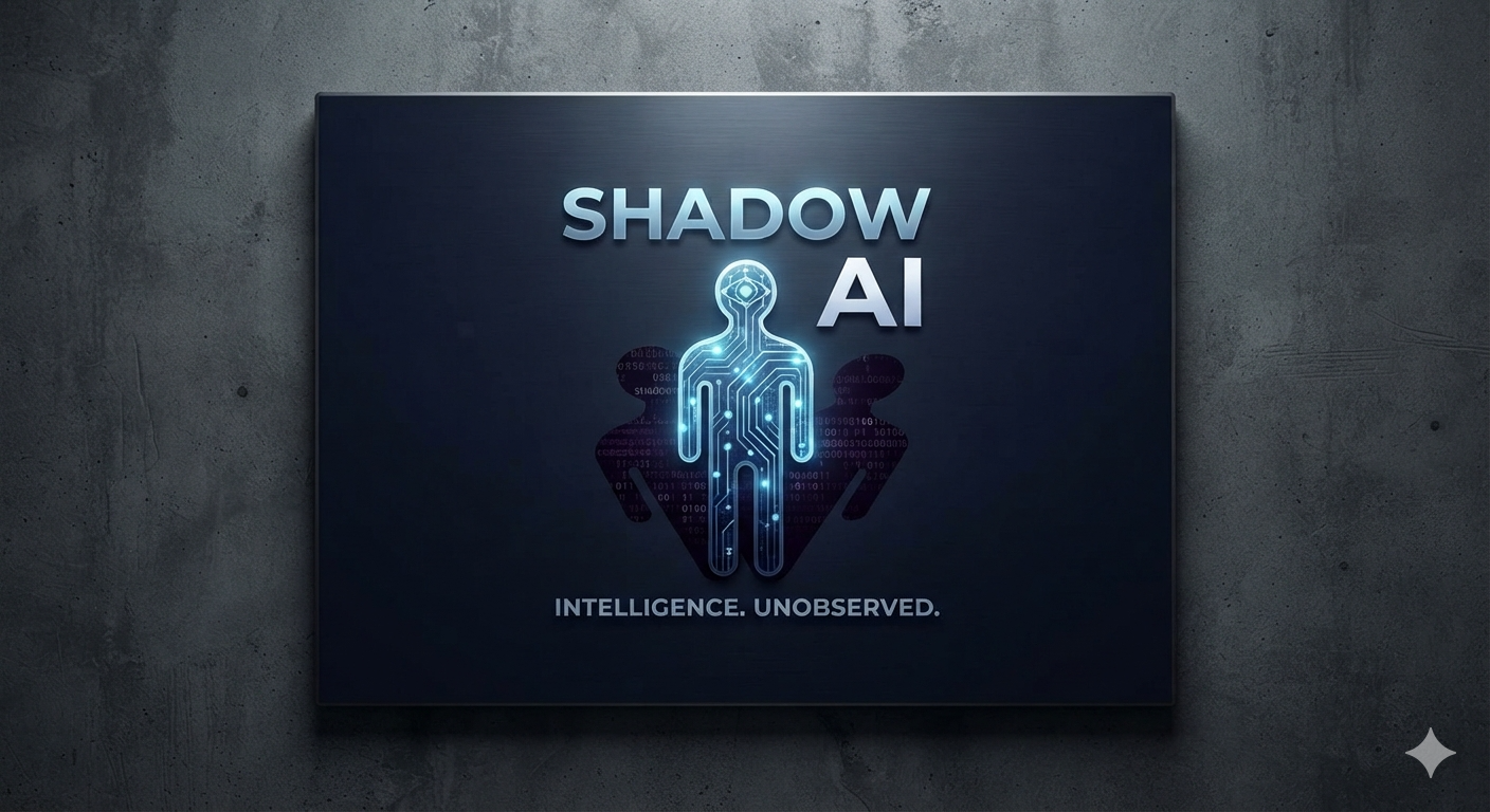 Shadow AI: a glowing digital figure casting an unobserved data shadow.